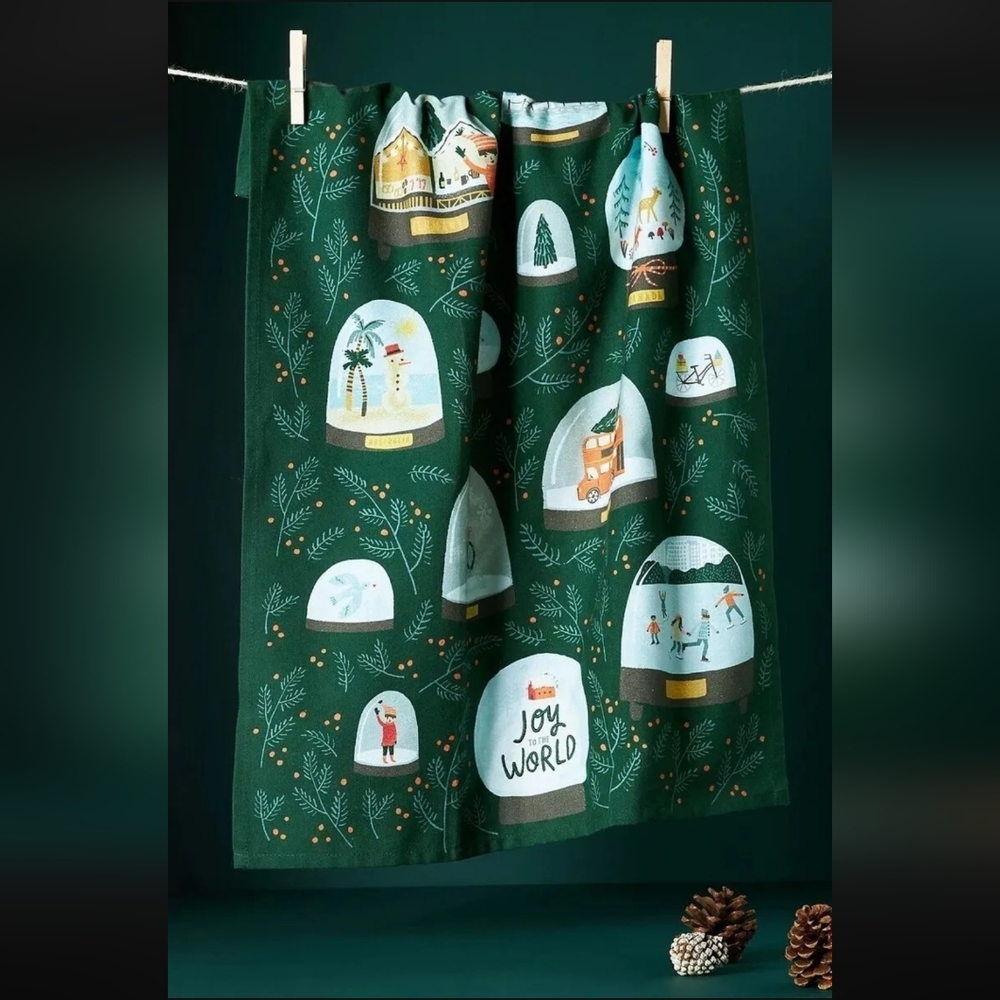Anthropologie Joy to the World Dish Towel, OS, Green/Blue, NWT, SOLD OUT!